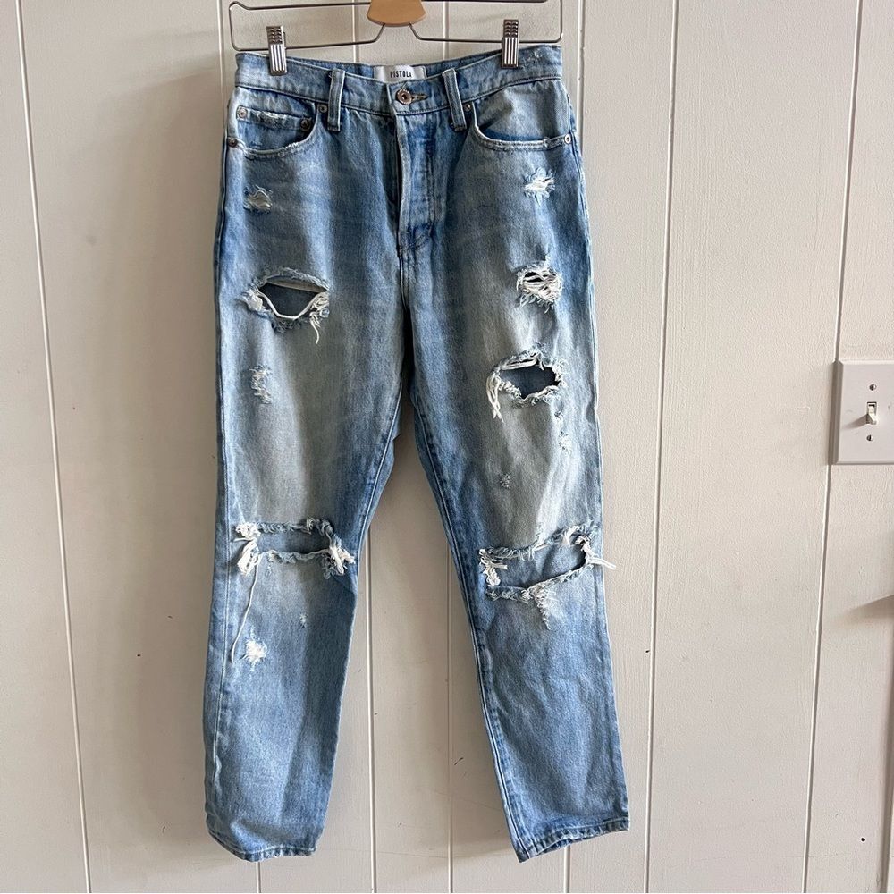 PISTOLA High Rise Distressed Holes Straight Leg Jeans